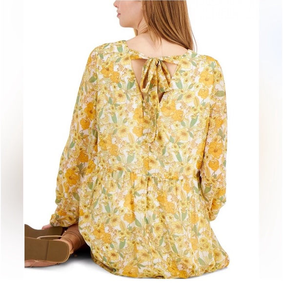 NWT INC Yellow Floral Print Empire Waist Bow Back Flowy Lined Dress Medium - Picture 1 of 12